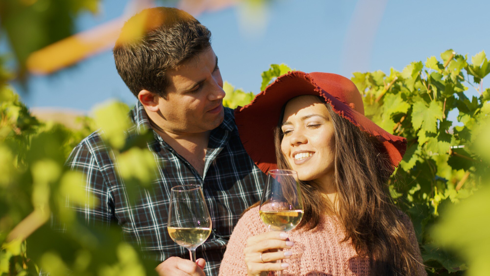 Couple partageant un verre de vin dans un vignoble près de Reims, rencontre organisée via l’application Jecontact